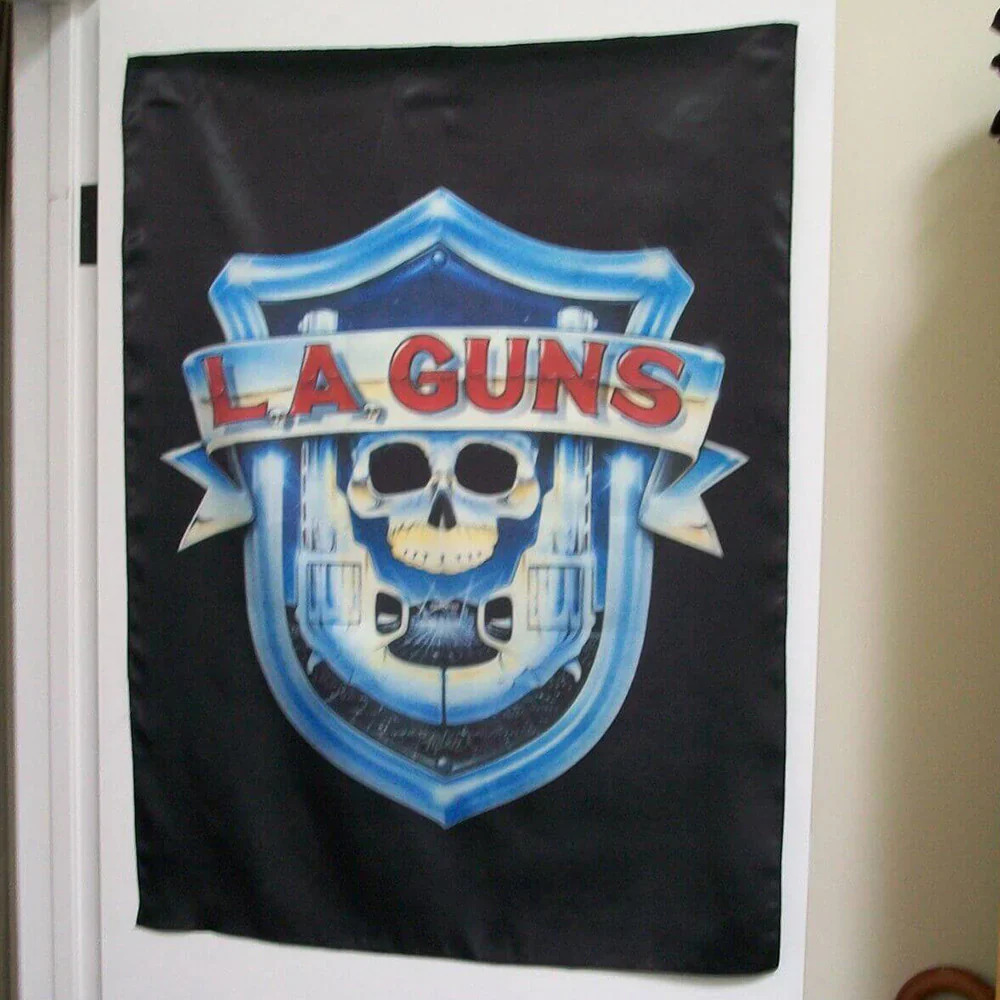 L.A. Guns - Leopard Skin (Gold/White/Black Splatter Vinyl LP - Signed by Tracii Guns + Official Silk Wall Tapestry Bundle) - Image 7